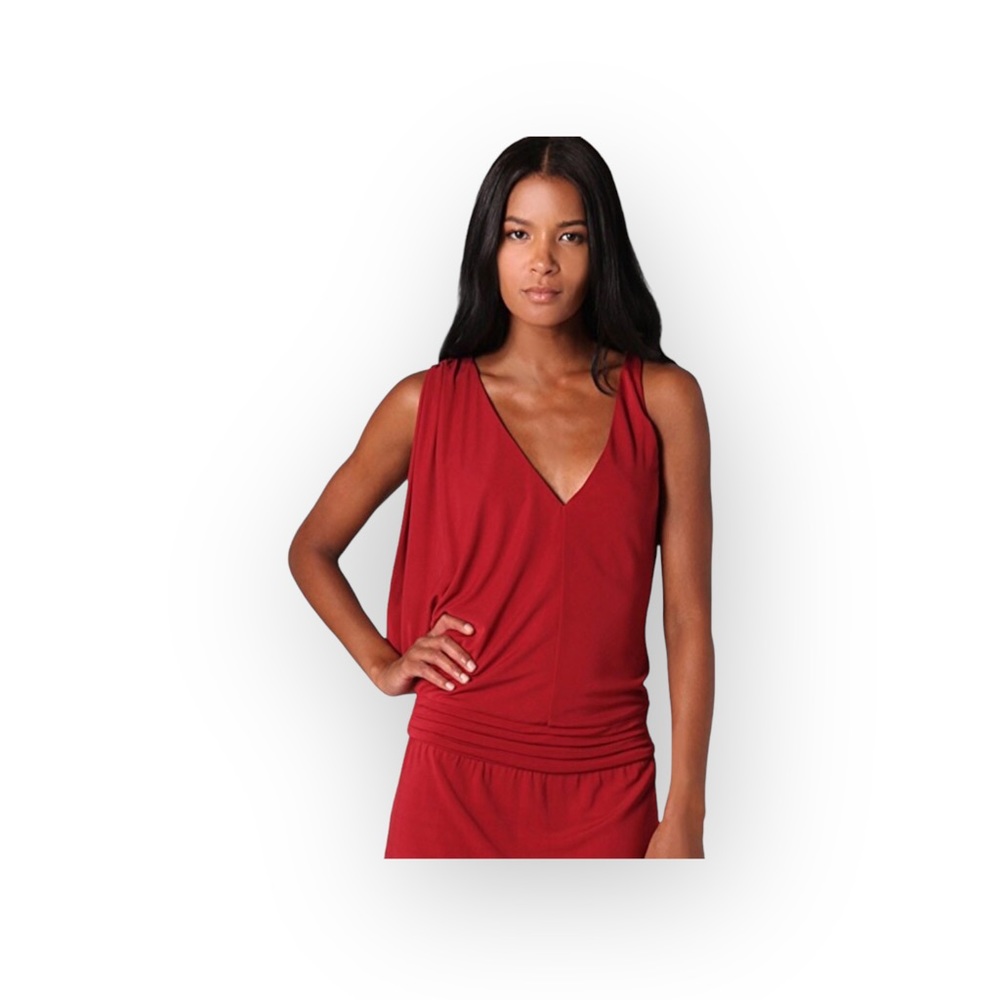 new Haute Hippie ᯾ Asymmetrical Shoulders Deep V Mini Dress ᯾ Scarlet Red ᯾ - Picture 5 of 16
